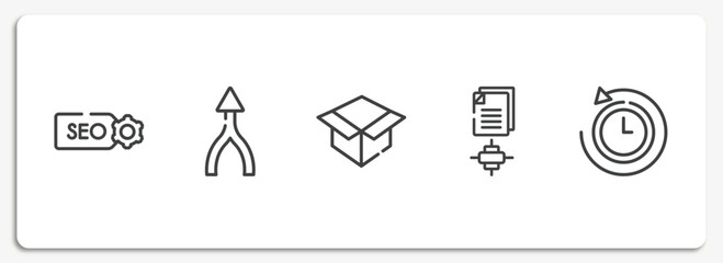 commerce and marketing outline icons set. thin line icons sheet included seo label, merging, unboxing, sharing archives, rewind time vector.