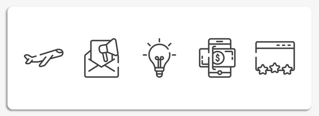 marketing and seo outline icons set. thin line icons sheet included inclined airplane, marketing email, lightbulb black tool shape, money on smartphone, page quality vector.