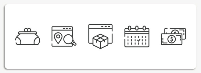 business and finance outline icons set. thin line icons sheet included women puser, place optimizer, web package, calendar event, big paper bill vector.