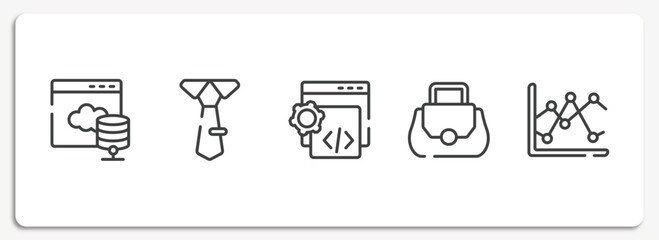 business and finance outline icons set. thin line icons sheet included web server, big tie, custom coding, women bag, two lines chart vector.