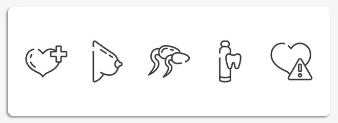 medicine and health outline icons set. thin line icons sheet included heart with a plus, bosom, sperms, toothpaste tube, disease vector.