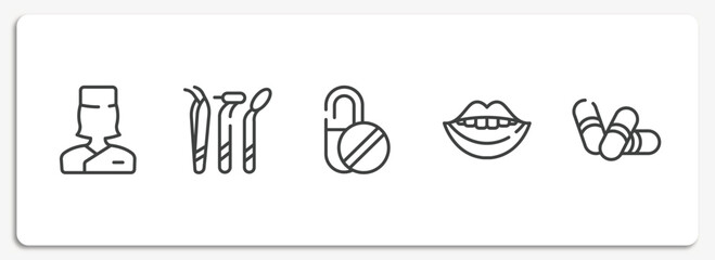dentist outline icons set. thin line icons sheet included medical doctor specialist, dentist tools, capsule, smiling mouth showing teeth, pill capsule vector.