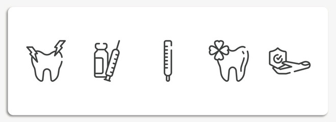insurance outline icons set. thin line icons sheet included hypersensitive, syringe with medication, thermometer reading temperature, trebol, travel insurance vector.