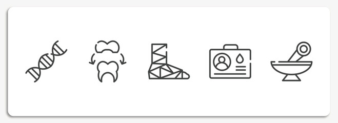 medical services outline icons set. thin line icons sheet included adn, dental crown, cast, blood donor card, alternative medicine vector.