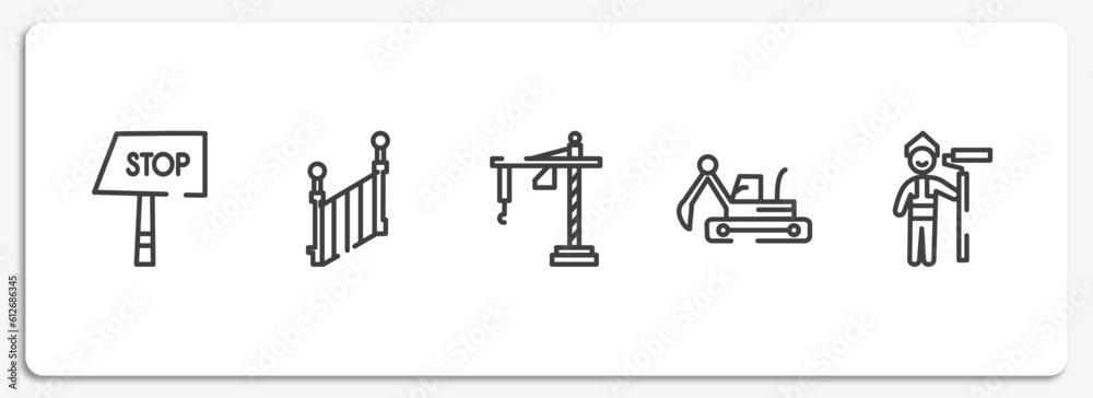 Wall mural constructicons outline icons set. thin line icons sheet included stop hand drawn, stairs side view, construction crane hine, excavator hine arm, man painting vector.