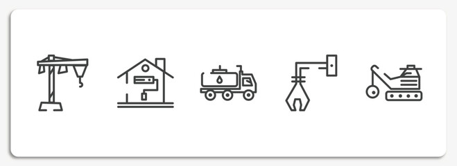 constructicons outline icons set. thin line icons sheet included construction hand drawn sketch, painting home, fuel truck, derrick with tong, derrick with ball vector.
