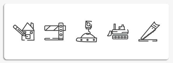 constructicons outline icons set. thin line icons sheet included pencil and house draw, road barrier, crane hand drawn tool, excavator side view, wood saw vector.