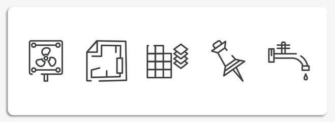 constructicons outline icons set. thin line icons sheet included vent, blueprint hand drawn tool, tiles detail of construction, pin tool, stopcock vector.