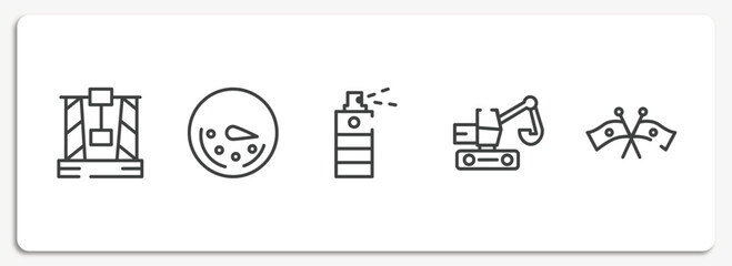 constructicons outline icons set. thin line icons sheet included derrick with box, circular speedometer, paint spray can, digger, flags crossed vector.