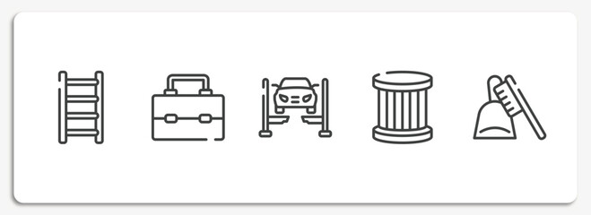 toolbox outline icons set. thin line icons sheet included ladder thin, lunchbox, car lift, oil filter, dustpan and brush vector.