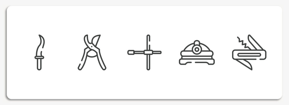 construction elements outline icons set. thin line icons sheet included kirpan, pruning shears, wheelbrace, torch helmet, jackknife vector.