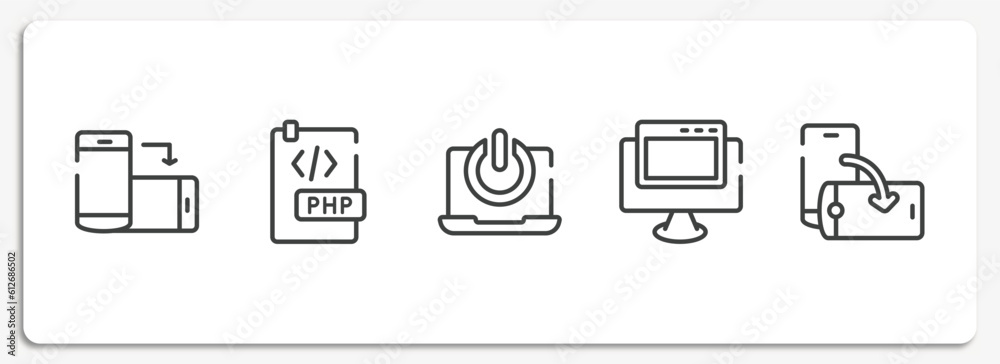 Poster responsive web outline icons set. thin line icons sheet included rotate smartphone, php document, on