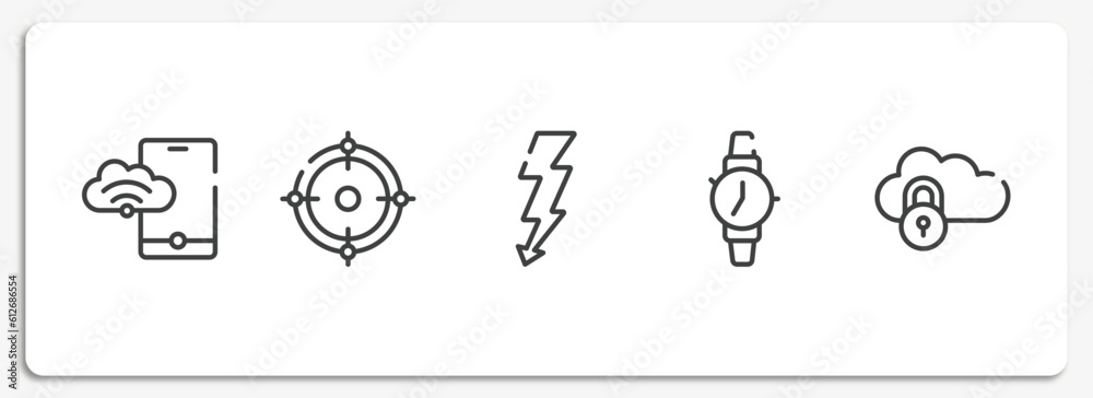 Wall mural cloud computing outline icons set. thin line icons sheet included phone connected to internet, weapon crosshair, lightning electric energy, on time, password of internet vector.