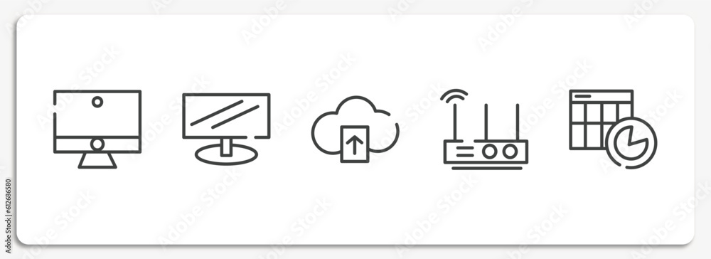 Poster computer and media outline icons set. thin line icons sheet included computer with monitor, widescre