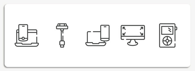 devices outline icons set. thin line icons sheet included laptop and smartphone, usb charger, multiple resolutions, expand corners, mini vector.
