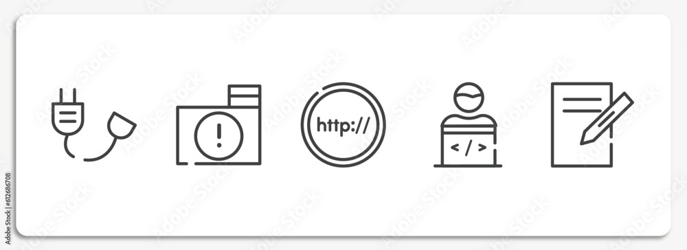 Poster web design outline icons set. thin line icons sheet included power cable, infected folder, http, pro