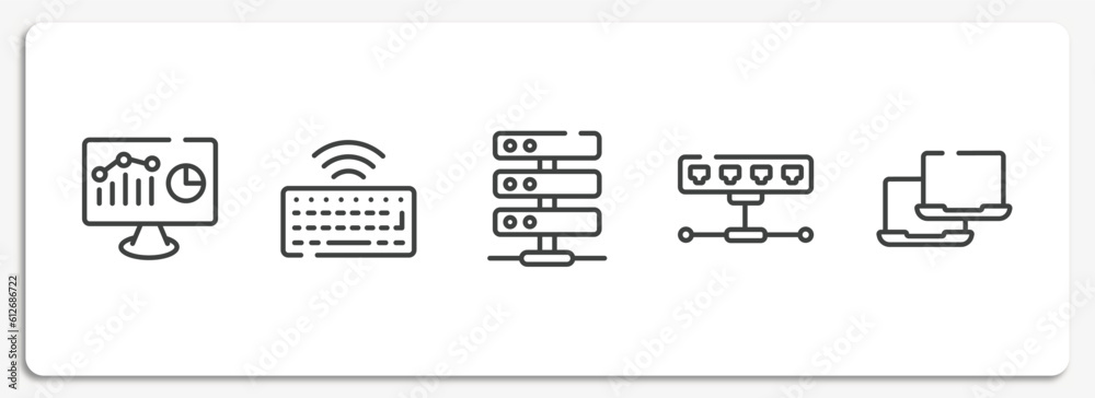 Poster network architecture outline icons set. thin line icons sheet included web analytics, wireless keybo