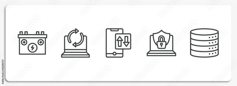 Poster computer functions outline icons set. thin line icons sheet included power source, recovery, mobile 
