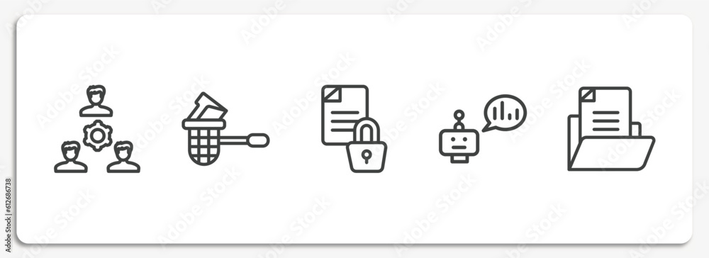 Poster computer applications outline icons set. thin line icons sheet included work team, stealing data, en