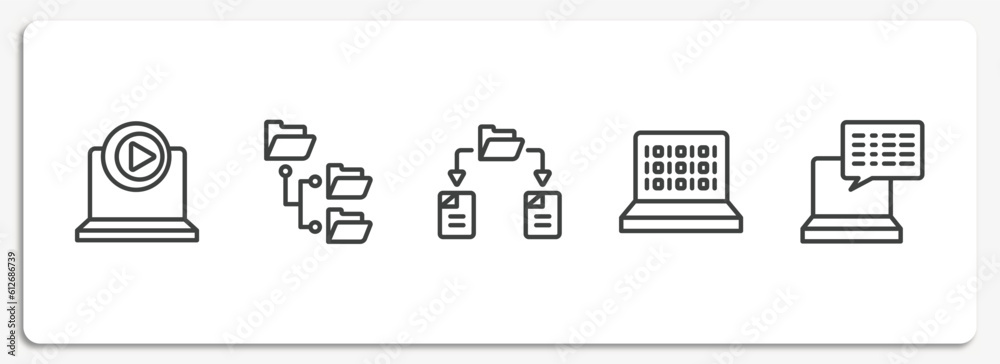 Poster computer and files outline icons set. thin line icons sheet included multimedia player, directory, f