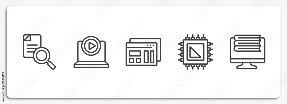 Poster online learning outline icons set. thin line icons sheet included search file, tutorial, mockup de, 