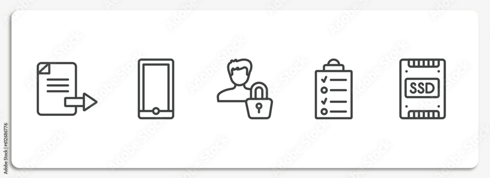 Poster hardware outline icons set. thin line icons sheet included export file, mobile phones, authenticatio