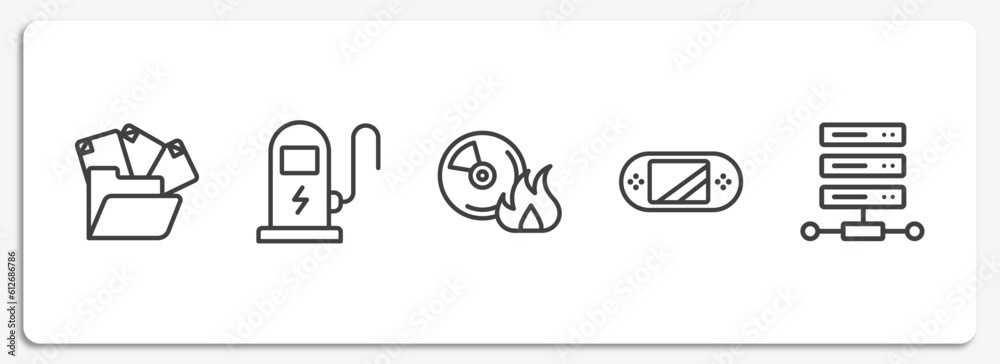 Poster web development outline icons set. thin line icons sheet included unstructured data, electric statio