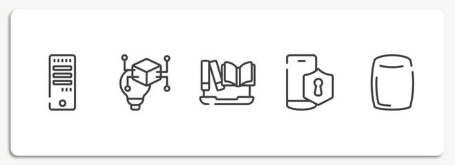 electronic outline icons set. thin line icons sheet included computer tower, invention, encyclopedia, vpn, homepod vector.