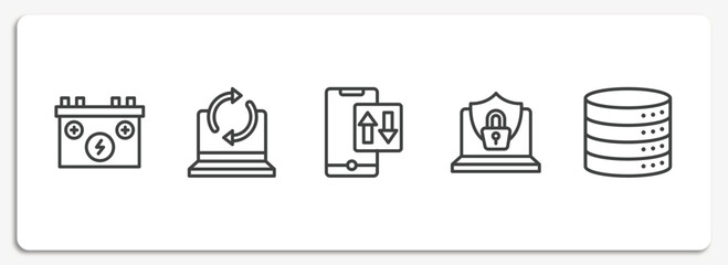 computer functions outline icons set. thin line icons sheet included power source, recovery, mobile data, internet security, data storage vector.