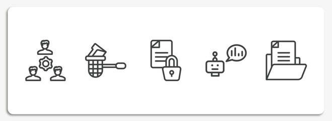 computer applications outline icons set. thin line icons sheet included work team, stealing data, encrypted data, prediction, document file vector.