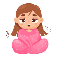 Suffering sick girl wrapped in blanket. Vector illustration in cartoon style. Sad child girl character