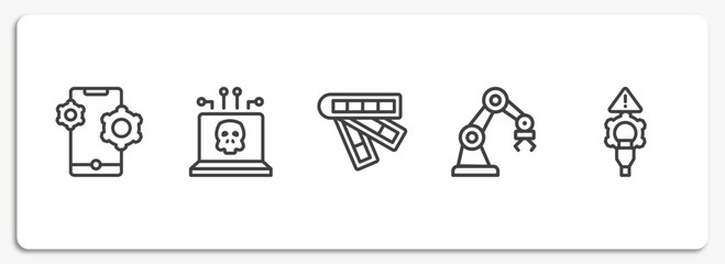 cyber crimes outline icons set. thin line icons sheet included feature, dangerous, color scheme, mechanical arm, connectivity vector.