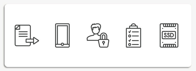 hardware outline icons set. thin line icons sheet included export file, mobile phones, authentication, data list, ssd vector.