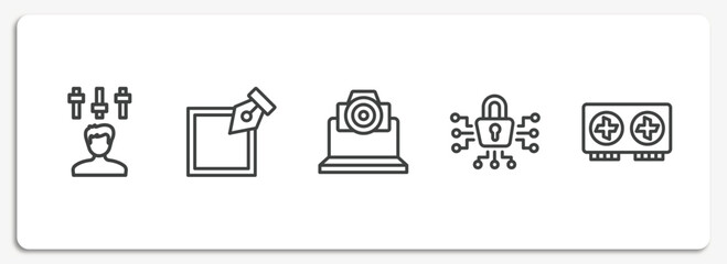 hardware outline icons set. thin line icons sheet included producer, edit tool, cam, cyber security, graphics card vector.
