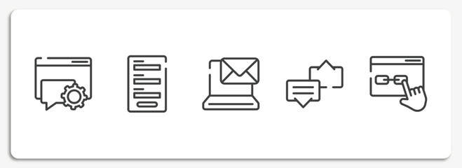 ways to contact us outline icons set. thin line icons sheet included online help, contact form, email on computer, discuss issue, links vector.