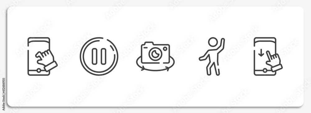 Poster mobile functions outline icons set. thin line icons sheet included pinch, pause button, rotate camer