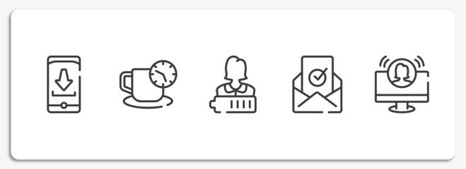 social network outline icons set. thin line icons sheet included install, coffee break, charged, verified, teleconference vector.