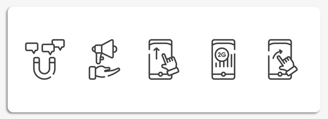 mobile functions outline icons set. thin line icons sheet included magnetic, embrace, swipe up, 2g, swipe right vector.