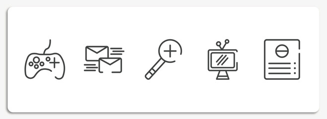 communication outline icons set. thin line icons sheet included game controller, mailing, zooming, televisions, intercom vector.