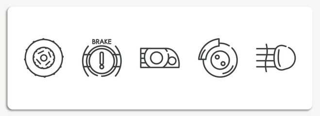 car parts outline icons set. thin line icons sheet included car clutch, car brake light, headlight, disc brake, fog lamp vector.