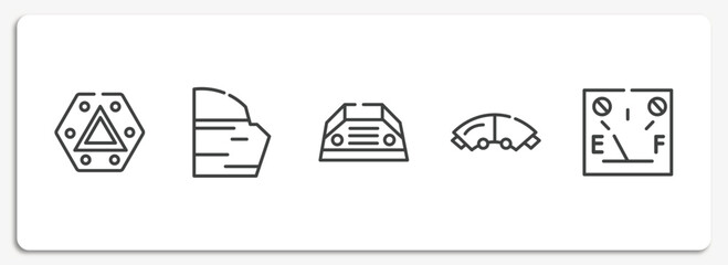 car parts outline icons set. thin line icons sheet included car hazard lights, car trim, parcel shelf, brake pad, petrol gauge vector.