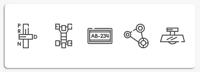 car parts outline icons set. thin line icons sheet included car transmission, car chassis, numberplate, fan belt, rear-view mirror vector.