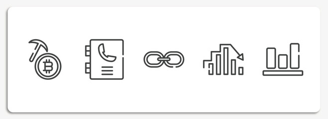 leadership outline icons set. thin line icons sheet included bitcoin mining, phonebook, web link, peak, bar graphic vector.