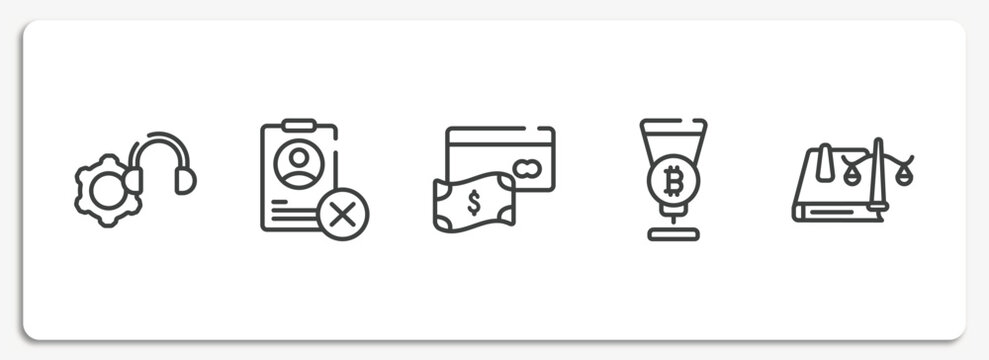 law & justice outline icons set. thin line icons sheet included technical support, uneducated, savings, passion, law book vector.