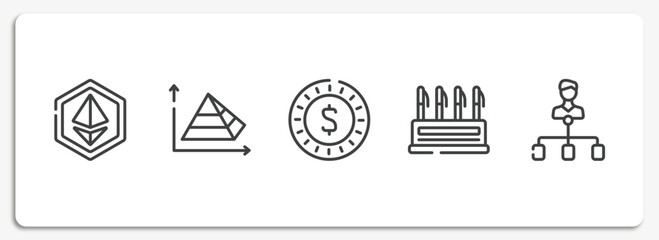 finance outline icons set. thin line icons sheet included , pyramid chart, dollar coin, pen container, hierarchical structure vector.