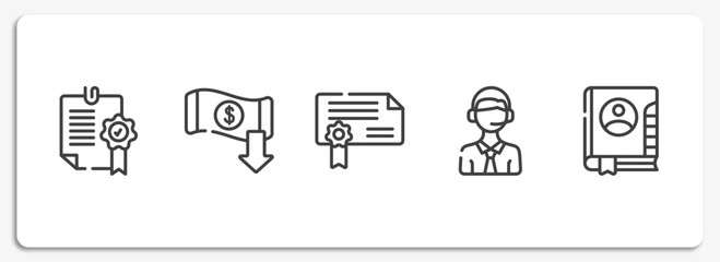 business management outline icons set. thin line icons sheet included confirmation, reduction, authorization, online support, address book vector.