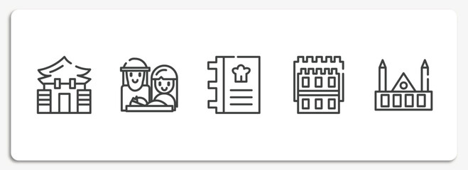 linear monuments outline icons set. thin line icons sheet included memorial hall, holy family, cookbook, white tower of thessaloniki, chartres cathedral vector.