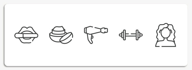 hairdressing and barber outline icons set. thin line icons sheet included women lipstick, face cream, electric hairdryer, weightlift, curly hair vector.