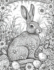 Adult pencil drawing coloring book pages Easter eggs ,Easter Bunny, black and white drawing lines