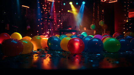 Neon colored party with balloons and lights created with Generative Ai technology